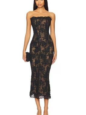V. Chapman Strapless Black Lace Midi Dress with Nude Underlay